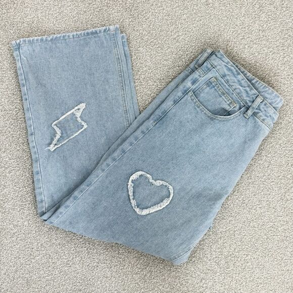 Q&J Patchwork Hearts Wide Leg High Rise Jeans Blue Large - Picture 12 of 12